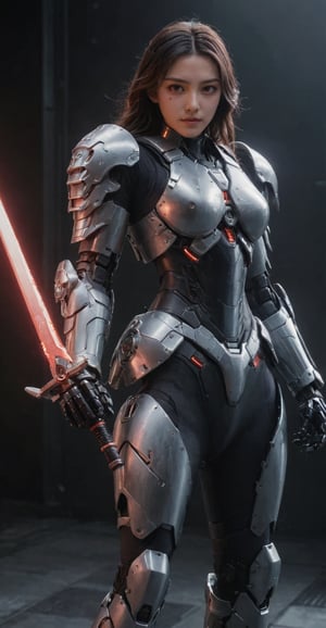 (ultra realistic,best quality),photorealistic,Extremely Realistic, in depth, cinematic light,mecha\(hubggirl)\,

a female robot soldier, holding two glowing red swords with both hands, dynamic poses, dark background,

particle effects, perfect hands, perfect lighting, vibrant colors, 
intricate details, high detailed skin, 
intricate background, realism, realistic, raw, analog, taken by Canon EOS,SIGMA Art Lens 35mm F1.4,ISO 200 Shutter Speed 2000,Vivid picture,hubggirl