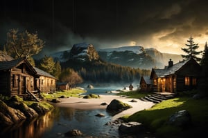 color fantasy style sharp details, a medieval village in Norway, old Forest in background, Rainy autumn night, ornate, beautiful, atmosphere, , vibe, flowers, beach,concept art illustration, greg rutowski, volumetric lighting, colorful clothes, by Jean-Baptiste Monge, Gilles Beloeil, Tyler Edlin, Marek Okon, golden ratio, perfect composition, a masterpiece, trending on artstation, scenery, rustic, verdant, brown theme, countryscape, over saturated, epic realistic, hdr, intricate details, rutkowski, intricate, cinematic, detailed
,nodf_lora,FFIXBG,Magic Forest,md,Beautiful Beach