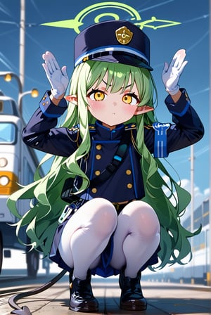 score_9, score_8_up, score_7_up, 3D, HD, 1girl, hikari \(blue archive\), blue archive, full body, v-shaped eyebrows, yellow eyes, expressionless, blush, green hair, long hair, pointy ears, green halo, leaning forward, arms up, rabbit pose, squatting, peaked cap, black hat, long sleeves, white gloves, white pantyhose, demon tail, outdoors, train station