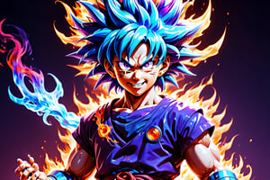 masterpiece, best quality, dreamwave, aesthetic, 1boy, (glass:1.1),(false:1.15),(void:1.25),(magic:1.25) GOKU, dragon ball, purple aura around body, red firey eyes with flames, great dragon god behind goku, fire falling from the sky, long ice blue hair with blue and red flames, WINTER, MATRIX, WINTER MATRIX blizzered of fire and ice, third eye goku, funny, smiling, happy, happiness!,cyborg style