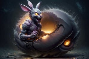 futuristic background, rabid, mad, nightmare, easter bunny, coming out of a cracking egg, gold trim, nightmare_moon