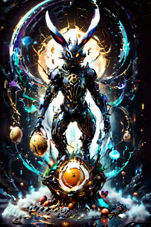 futuristic background, rabid, mad hater, nightmare, easter bunny, emerging out of a cracking egg, gold trim, nightmare_moon, colored egg shaped orbs floating in the air, star dust,DonM3l3m3nt4lXL