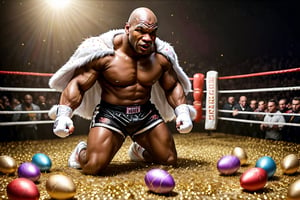 Mike Tyson, getting punched by the easter bunny, in a boxing ring, golden easter eggs on the ground