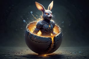 futuristic background, rabid, mad, nightmare, easter bunny, coming out of a cracking egg, gold trim, nightmare_moon