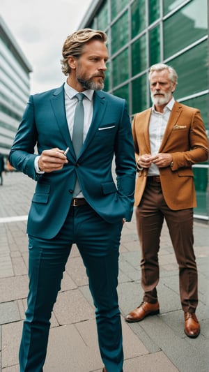 Masterpiece, bestquality,4K,highres, ultra-detailed, 

wide angle picture of 2 handsome middle-aged swedish men smoking outside an office building, professional outfits, formal suits, distinct hair color, distinct haircut, distinct outfits,