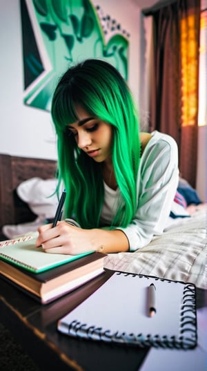 Masterpiece, bestquality,4K,highres, ultra-detailed, 

wide angle picture of a beautiful teenage girl writing on her diary in her bedroom, emo style, green hair,