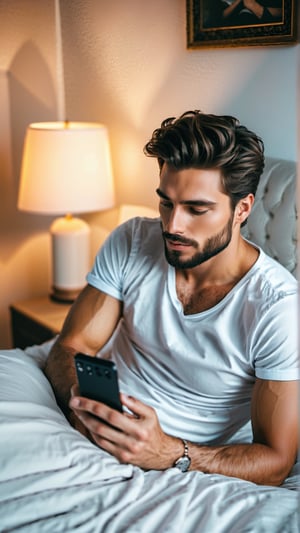 Masterpiece, bestquality,4K,highres, ultra-detailed, 

wide angle picture of a handsomeyoung man talking on his cellphone sitting in his bed, sleepwear,