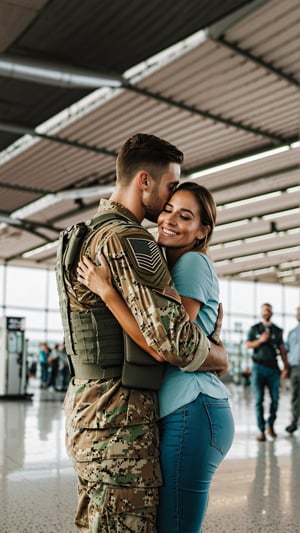 Masterpiece, bestquality,4K,highres, ultra-detailed, 

wide angle picture of a family reunion, a beautiful woman welcomes her handsome soldier son, they hug in an airport,