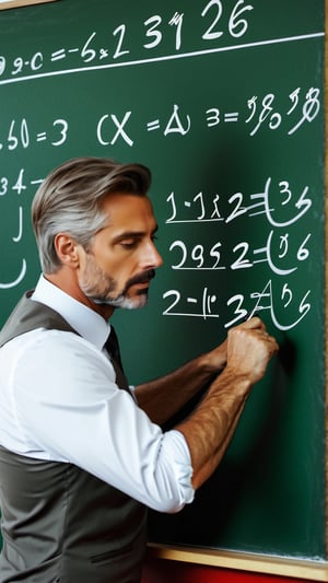 Masterpiece, bestquality,4K,highres, ultra-detailed, 

wide angle picture of a handsome male middle-aged school teacher writing math formulas in the blackboard of a classroom,