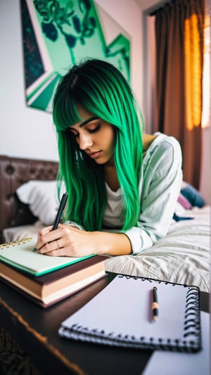 Masterpiece, bestquality,4K,highres, ultra-detailed, 

wide angle picture of a beautiful teenage girl writing on her diary in her bedroom, emo style, green hair,
