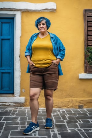 ((masterpiece, best quality)), absurdres, (Photorealistic 1.2), sharp focus, highly detailed, top quality, Ultra-High Resolution, HDR, 8K, epiC35mm, film grain, moody photography, (color saturation:-0.4), lifestyle photography,

(((full body picture))), middle-aged ugly  Greek woman, 42 years old, short straight blue hair, (fat body), brown shorts, yellow t-shirt, standing at the entrance of a house,(Hannah Owo:0.4),