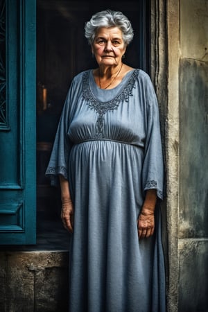 ((masterpiece, best quality)), absurdres, (Photorealistic 1.2), sharp focus, highly detailed, top quality, Ultra-High Resolution, HDR, 8K, epiC35mm, film grain, moody photography, (color saturation:-0.4), lifestyle photography,

(((full body picture))), short old ugly Croatian woman, 80 years old, very short  grey hair, (fat body), elegant grey night gown, standing at the entrance of a house,(Amy Lee:0.4)