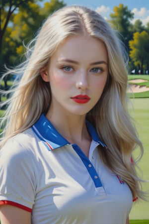 a beautiful girl  18 years old, with silver long hair, messy hair,blue eyes, red lipstic, full lips, alluring, portrait by Charles Miano, pastel drawing, playing golf, on the park,