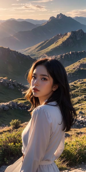Strength in the Mountains: Create a portrait of a Latina girl with calloused hands, standing tall on a windswept mountain peak. Rugged mountains rise behind her, bathed in the golden light of sunrise. Her determined gaze reflects her deep connection to nature.
