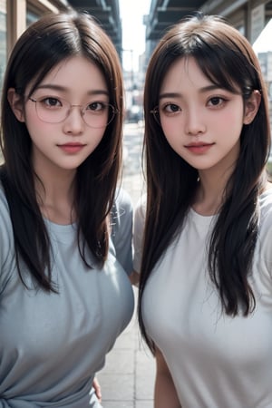Asian twins beauty girls,glasses ,stubble,upper body, muscle ,realistic , smile,undercut hairstyle, light_bule_eyes, 2 girls, side by side, friendship,different long hair style, different pose, and without glasses 