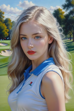 a beautiful girl  18 years old, with silver long hair, messy hair,blue eyes, red lipstic, full lips, alluring, portrait by Charles Miano, pastel drawing, playing golf, on the park,