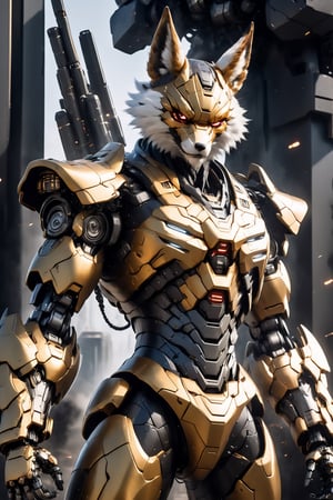 Angry foxman mecha robo soldier character, anthropomorphic figure, wearing futuristic slive soldier armor and weapons, reflection mapping, realistic figure, hyperdetailed, cinematic lighting photography, 32k uhd with a golden staff, rgb lighting on suit, 

By: panchovilla,mecha