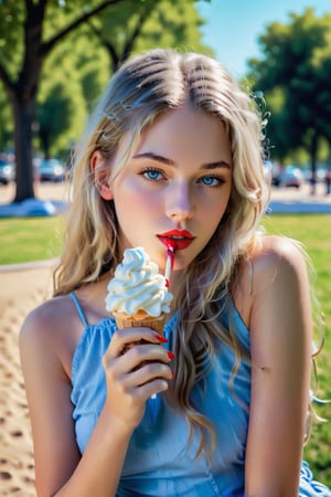 a beautiful girl  18 years old, with silver long hair, messy hair,blue eyes, red lipstic, full lips, alluring, portrait by Charles Miano, pastel drawing, eating icecream, on the park,