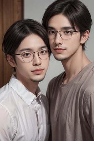 Asian twins beauty girls,glasses ,stubble,upper body, muscle ,realistic , smile,undercut hairstyle, light_brown_eyes, 2guys,side by side, friendship,different hair style, different pose, and without glasses 
