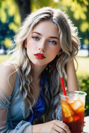 a beautiful girl  18 years old, with silver long hair, messy hair,blue eyes, red lipstic, full lips, alluring, portrait by Charles Miano, pastel drawing, drinking ice tea, on the park,