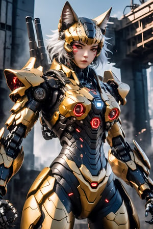 Angry sex cat girl  mecha robo soldier character, anthropomorphic figure, wearing futuristic slive soldier armor and weapons, reflection mapping, realistic figure, hyperdetailed, cinematic lighting photography, 32k uhd with a golden staff, rgb lighting on suit, 

By: panchovilla,mecha
