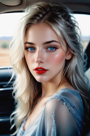 a beautiful girl  18 years old, with silver long hair, messy hair,blue eyes, red lipstic, full lips, alluring, portrait by Charles Miano, pastel drawing, in the car,