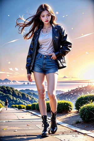 (masterpiece, top quality, best quality,1girls,Korean, beautiful face, smile, long hair, 19 years old, tank top, jacket, shorts, boots, hills, full body view, sunset