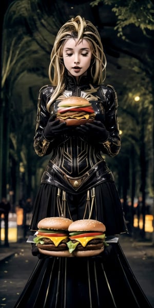 park garden,super cute golden woman in a dark theme,eating burger 