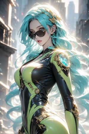 vibrant colors, female, masterpiece, sharp focus, best quality, depth of field, cinematic lighting, ((solo, one woman )), (illustration, 8k CG, extremely detailed), masterpiece, ultra-detailed, Kingdom of Mechanisms

Hair Length: Short and shaggy
Hair Color: Bright Cyan
Eye color: Neon yellow
Clothes: Engineer suit with metal parts, night vision goggles.

This figure stood in the Clockwork Realm, with short, bright cyan hair that seemed to glow with electrical energy. Neon yellow eyes scrutinized the complex mechanisms and machines that populated the kingdom. He wore an engineer's suit with metal parts and night vision goggles, immersed in his work of creating and maintaining the kingdom's machines.,cyberpunk glasses,futuristic led glasses,wrenchsmechs
