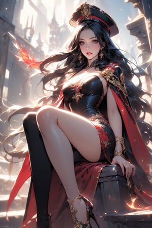 (masterpiece, best quality, highres:1.3), ultra resolution image, (1girl), (solo), kawaii, black hair, long hair, red eyes, captain hat, leader outfit, cape, glove, fierce, smug, confident, fantasy, throne, cross legged, guards, red carpet, phoenix flame, scenery, heroic conquest, majestic, ancient,r1ge, magical realm, mythical, endless sky, grave sword, cold hearted eyes,glitter,NJI BEAUTY