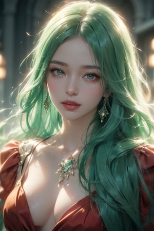 (masterpiece),(((20 year old))) ((best quality)), ((True Color)), Vintage Retro Photography, ultra-detailed, (Fashion Editorial), (illustration),  (dynamic angle), (Portrait),  (woman), ((detailed face)), (extra long hair), (Red and Green dress), beautiful detailed Green eyes, (mystical landscape), (good anatomy), Smile, 