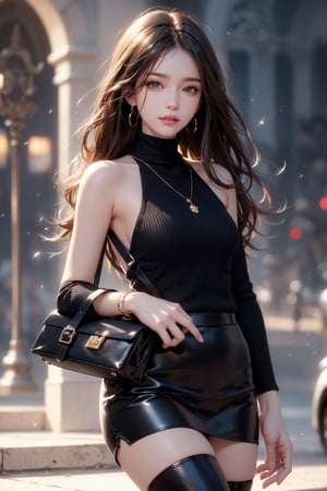 background is the Arc de Triomphe,triumphal arch,Paris,
18 yo, 1 girl, beautiful korean girl,
wearing tight black sweater(turtle neck,simple),tight leather short skirt,black long boots,shoulder bag, smile, solo, {beautiful and detailed eyes}, dark eyes, calm expression, delicate facial features, ((model pose)), Glamor body type, (dark hair:1.2), simple tiny earrings, simple tiny necklace,very_long_hair, hair past hip, bangs, curly hair, flim grain, realhands, masterpiece, Best Quality, 16k, photorealistic, ultra-detailed, finely detailed, high resolution, perfect dynamic composition, beautiful detailed eyes, eye smile, ((nervous and embarrassed)), sharp-focus, full_body, cowboy_shot,