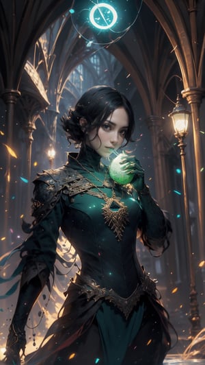 an woman drinking water from a green coconut with a straw is in the foreground. The surrounding decor contains green plants, a triforce symbol, Harry Potter references and circus flags, detailed matte painting, deep colors, fantastic and intricate details, splash screen, complementary colors, fantasy concept art, 8k resolution trending on Artstation Unreal Engine