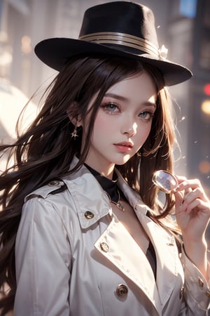 beautiful, 1girl,
(Brown hair:1.2),
long hair, smile, (detective:1.2),Magnifying glass,
Detective's hat,
Light color Trench coat, hk_girl