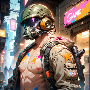 8k, highly detailed, high quality, upper-body_portrait, game cg, anime style,

solo, male. anarchy, ROBOT, robot, gas mask, rust helmet, faceless, no face, tube, scrawny, naked, almost_naked, nipple, ((veiny)), tech wear, covered in paint, TechStreetwear, cheerful, happy, pop star, 

BREAK

cyberpunk style, back alley, glitter