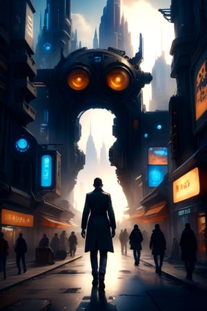 A stylishly dressed man in cyber attire strolls through bustling city streets, surrounded by crowds and skyscrapers The picture should have a logo with the English letters HIM$ELF