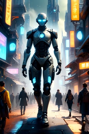 A stylishly dressed man in cyber attire strolls through bustling city streets, surrounded by crowds and skyscrapers