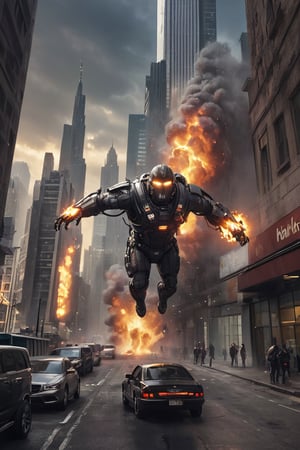 A jetpack whizzes between skyscrapers, leaving behind a trail of blazing flames