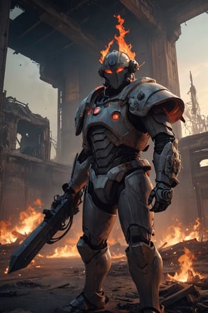 A warrior in mechanical armor stands before abandoned industrial ruins, amidst flames
