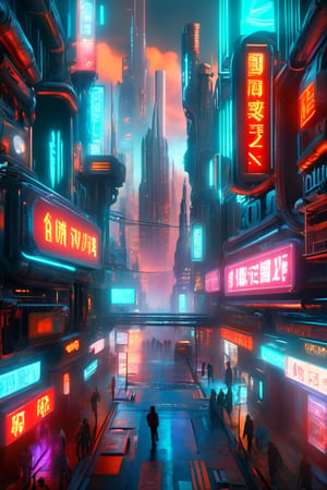 A cyberpunk city rises high into the sky, neon lights shimmering, with the surface of buildings covered in HIM$ELF letters, radiating the allure of futuristic technology.