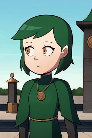 girl with dark green hair, green armor with gold details, good body, with a temple in the background