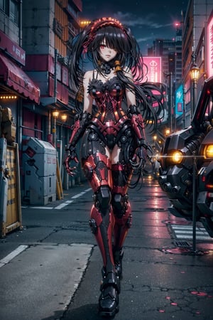 highly detailed, high quality, masterpiece, beautiful (full shot) 1 girl, alone, kurumi tokisaki from Date a Live (open eyes, red right eye, yellow left eye, black hair, with pigtails, thin, black leather boots, tight red latex suit, black gloves, black corset, robotic limbs, shiny cyborg limbs, full body, city at night, cyberpunk city, walking in the middle of a lonely street, mecha, cyborggirl ,Kurumi_Tokisaki