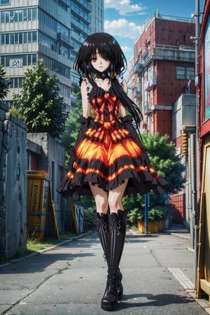 highly detailed, high quality, masterpiece, beautiful (full shot), 1 girl, alone, Kurumi Tokisaki from Date a Live (open eyes, black right eye, yellow left eye, black hair, hair in pigtails, Sailor Moon anime appearance , sailor moon uniform, red suit, red dress, red outfit, black corset, slim body, high black boots, leather boots, long black gloves, shiny leather boots, full body, walking from the front, day city, sunny day , clear city, on top of a building, buildings in the background, Kurumi_Tokisaki,sailor saturn,aakurumi, long hair,EPsmSailorSaturn