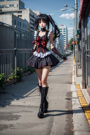 highly detailed, high quality, masterpiece, beautiful (full shot), 1 girl, alone, Kurumi Tokisaki from Date a Live (open eyes, black right eye, yellow left eye, black hair, hair in pigtails, Sailor Moon anime appearance , sailor moon uniform, red suit, red dress, red outfit, black corset, slim body, high black boots, leather boots, long black gloves, shiny leather boots, full body, walking from the front, day city, sunny day , clear city, on top of a building, buildings in the background, Kurumi_Tokisaki,sailor saturn,aakurumi