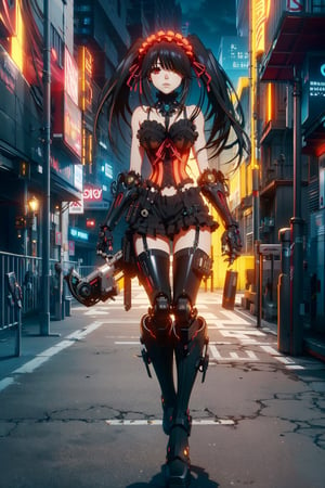 highly detailed, high quality, masterpiece, beautiful (full shot) 1 girl, alone, kurumi tokisaki from Date a Live (open eyes, red right eye, yellow left eye, black hair, with pigtails, thin, black leather boots, tight red latex suit, black gloves, black corset, robotic limbs, shiny cyborg limbs, full body, city at night, cyberpunk city, walking in the middle of a lonely street, mecha, cyborggirl ,Kurumi_Tokisaki,MECHA GIRL