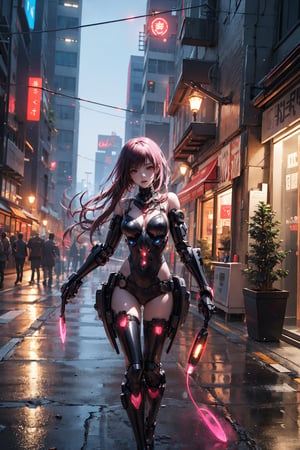highly detailed, high quality, masterpiece, beautiful, 1girl, alone, Kurumi tokisaki a spirit from the anime Date A Live, Kurumi is slim, has red right eye, yellow left eye, high black leather boots with a latex bodysuit with robotic limbs, he is walking in the middle of a street in a cyberpunk city at night, cyborg, implants, high details, realistic, photorealism,