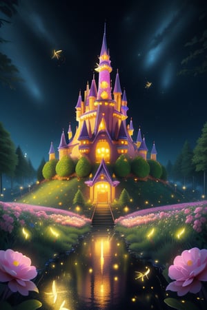 highly detailed 3d illustration (best quality, realistic, high-resolution), colorful full length, 3D candy crush style illustration of a fantasy candy castle with candy flowers, marshmallow bushes, peppermint trees and psychedelic glitter details, full size, ground level view, 64K.,firefliesfireflies