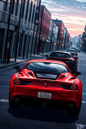 luxury car, lonely, in the middle of the city, background: sunset with a beautiful city,super_automobile,highly detailed,high quality,masterpiece,beautiful(full plan),1car,only,Ferrari 488,Supercar,(red car,black rims,dark windows,tuned,under the sunset,detailed background.