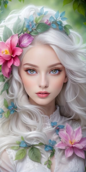 1girl, solo, long hair, looking at viewer, smile, blue eyes, hair ornament, closed mouth, flower, white hair, hair flower, lips, eyelashes, leaf, portrait