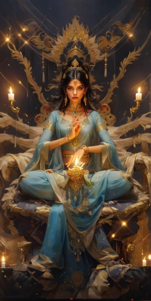 1girl, solo, looking at viewer, black hair, hair ornament, shine,jewelry, sitting, full body, earrings, indoors, bracelet, sparkle, armlet, candle, indian style, throne,large-eyed ,glass